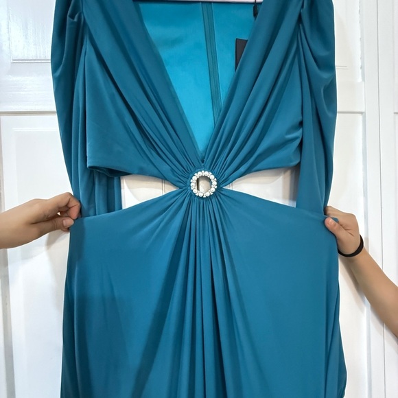 NWT |Mac Duggal 26727 Ocean Blue Jersey Puff Sleeve Cut Out Gown Size 12 - Picture 8 of 12